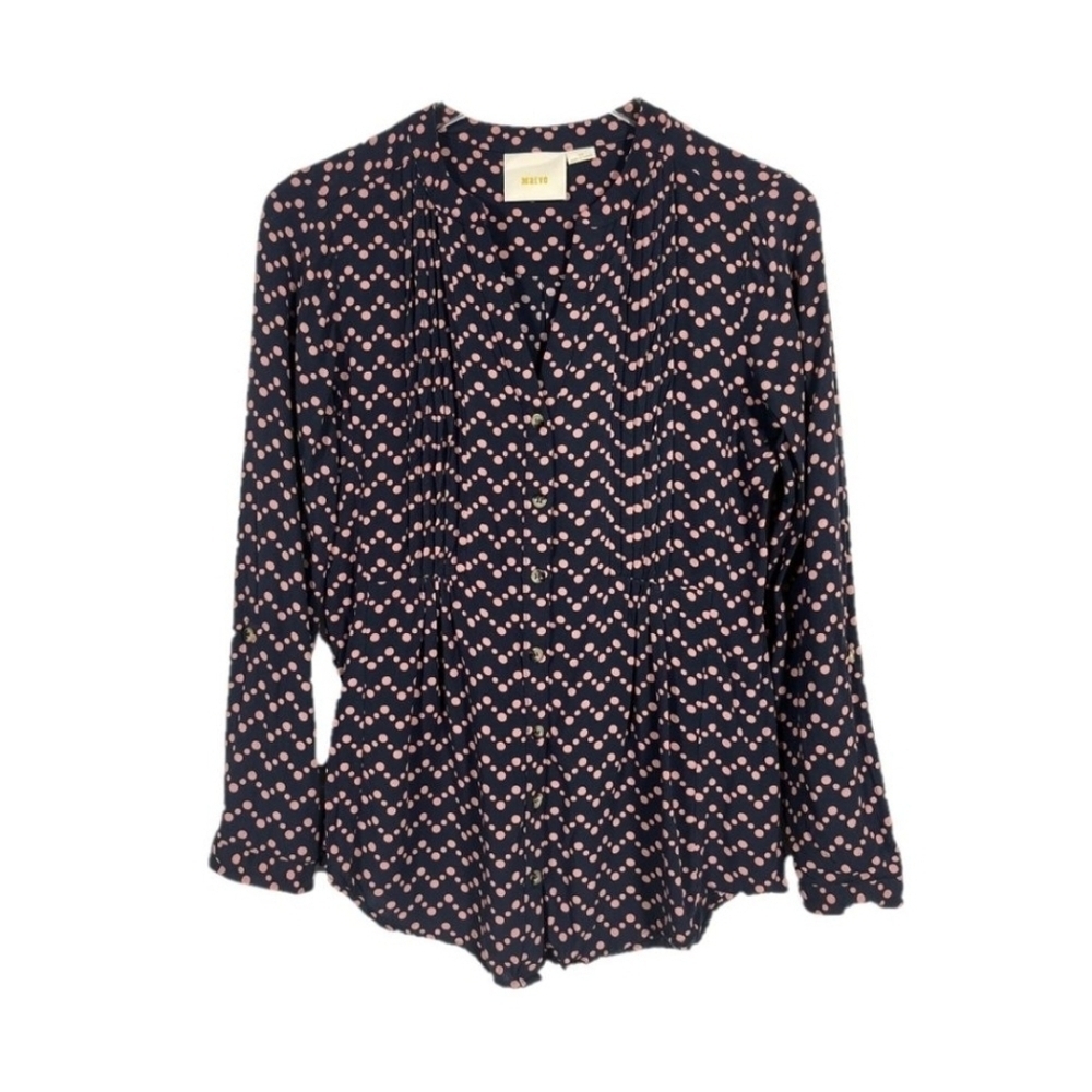 Anthropologie Maeve Woman Medium Navy Button Up Blouse Pink Polka Dots Business